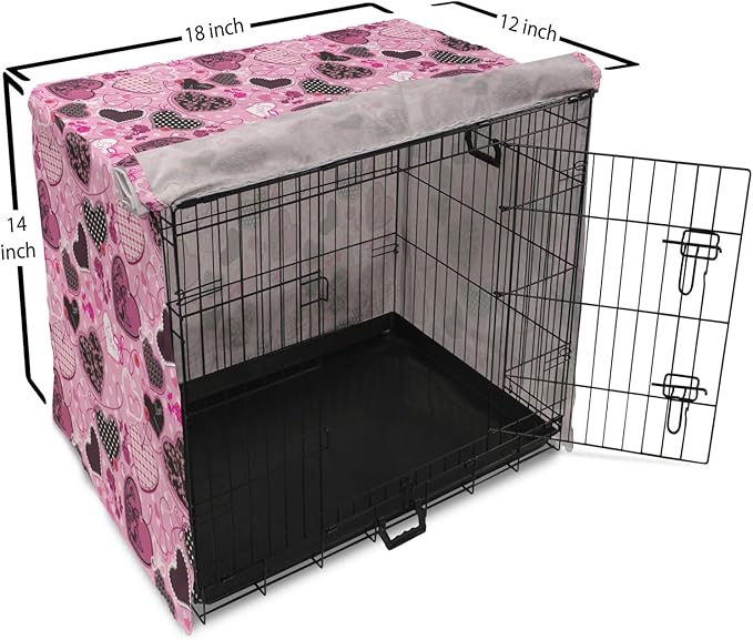 Lunarable Hearts Dog Crate Cover, Sewing Themed Love with Polka Dots Valentine's Day Inspired Image, Easy to Use Pet Kennel Cover for Small Dogs Puppies Kittens, 18 Inch, Pink Black White