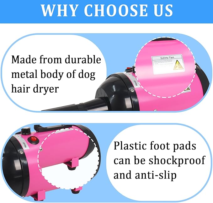 Dog Dryer for Large Dogs 5.2HP 3800W High Velocity Pet Hair Dryers with Heater for Grooming, Spind Temperature Adjustable Pet Dryer Machine with 4 Nozzles (Pink)