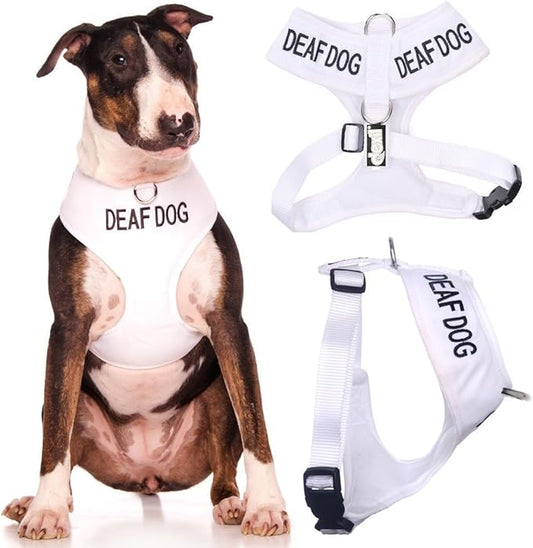 Deaf Dog (Dog Has Limited/No Hearing) White Colour Coded Non-Pull Front and Back D Ring Padded and Waterproof Vest Dog Harness Prevents Accidents by Warning Others of Your Dog in Advance (L)