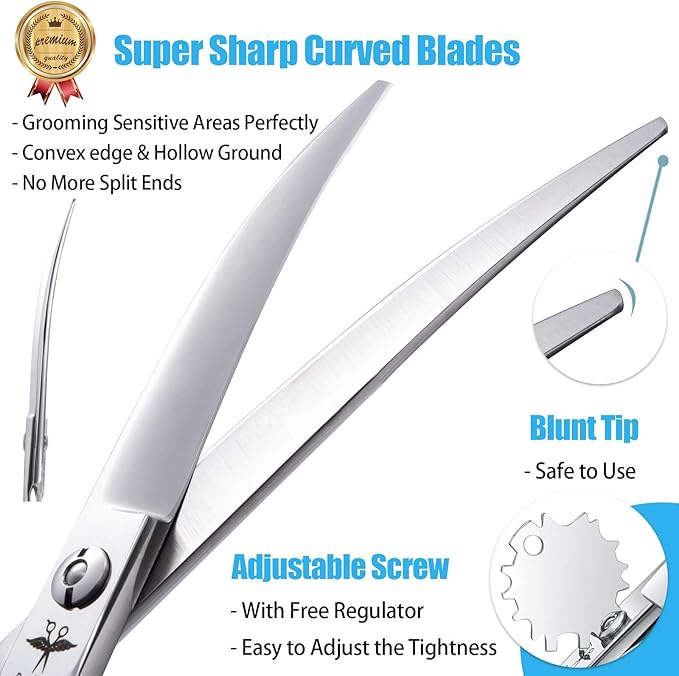 PURPLEBIRD 6.5 Inch Downward Curved Dog Grooming Scissors Pet Cutting Shears Professional Safety Blunt Tip Trimming Shearing for Dog Cat Face Paw Limb Japanese Stainless Steel Silver