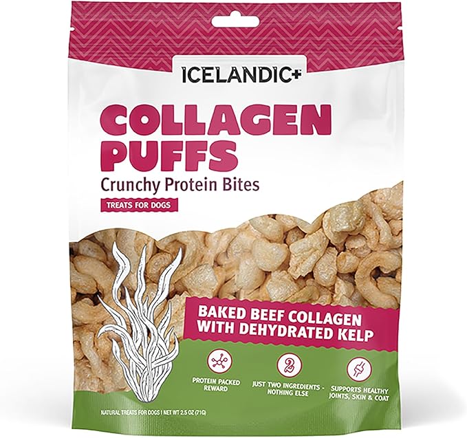 Icelandic+ Collagen Puffs: Baked Beef Collagen W/Dehydrated Kelp 2.5oz - Treats for Med-Lg Dogs, Crunchy Protein Bites