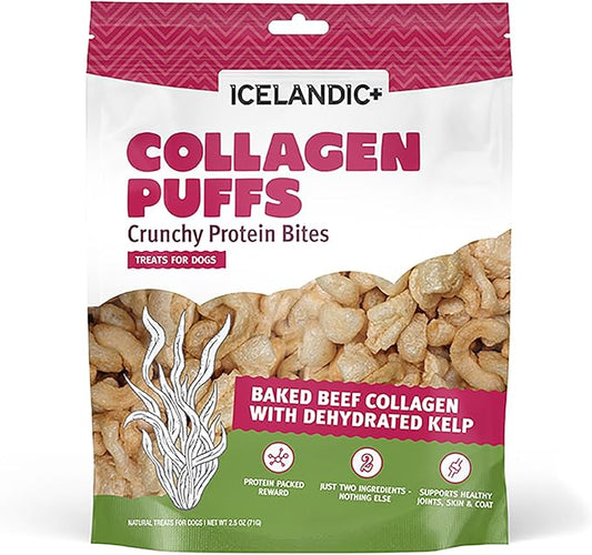 Icelandic+ Collagen Puffs: Baked Beef Collagen W/Dehydrated Kelp 2.5oz - Treats for Med-Lg Dogs, Crunchy Protein Bites