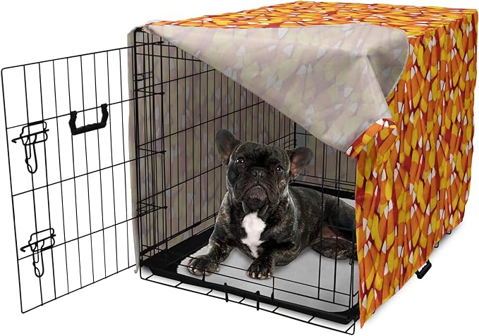 Lunarable Candy Corn Dog Crate Cover, Cartoon Style Pattern of Repetitive Nested Sweets Clutter, Easy to Use Pet Kennel Cover for Cats & Medium Dogs, 24 Inch, Marigold Vermilion
