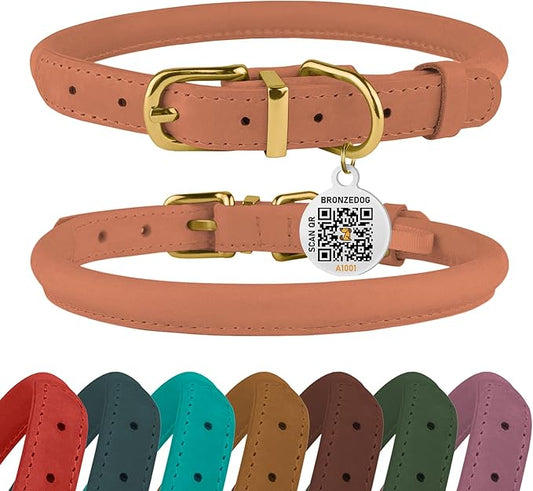 BRONZEDOG Rolled Leather Dog Collar with QR ID Tag Adjustable Soft Round Collars for Small Medium Large Dogs Puppy Cat (16" - 19" Neck Size, Peach)