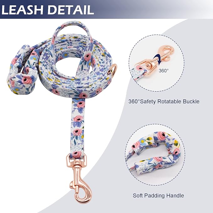 No Pull Small Dog Harness and Leash Set, Soft Adjustable Floral Puppy Dog Harness Vest for Extra Small-Medium Pet Dogs and Cat, Blue Flower, Medium