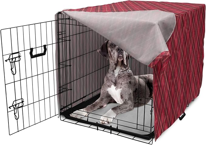 Lunarable Buffalo Plaid Dog Crate Cover, Rhombus Check Pattern with Warm Colored Pattern, Easy to Use Pet Kennel Cover for Medium Large Dogs, 48 Inch, Dark Coral Charcoal Grey