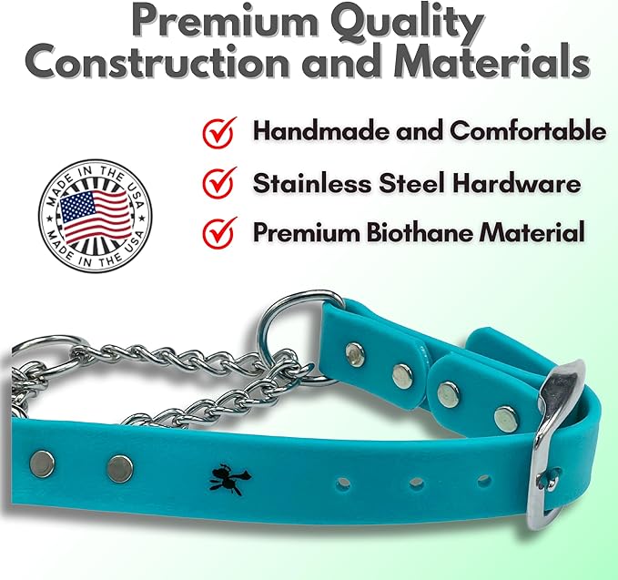 Martingale Collar for Dogs, Biothane, Stainless Steel Hardware, No Pull, Made in The USA, Professional Grade, Medium, Teal