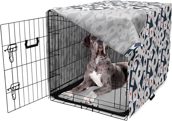 Lunarable Casino Dog Crate Cover, Realistic Style Random Scattered Playing Cards Leisure Time Hobby Games, Easy to Use Pet Kennel Cover for Medium Large Dogs, 48 Inch, Cadet Blue Black Red