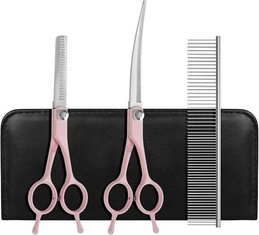 Professional Dog Grooming Scissors Set, 4 in 1 Dog Grooming Scissors Kit, Curved Dog Scissors Pet Thinning Shears, Pink