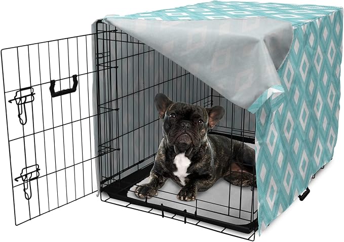Lunarable Geometric Dog Crate Cover, Nested Diagonal Squares with Tiny Polka Dots Symmetric Repetition, Easy to Use Pet Kennel Cover for Cats & Medium Dogs, 24 Inch, White and Pale Teal