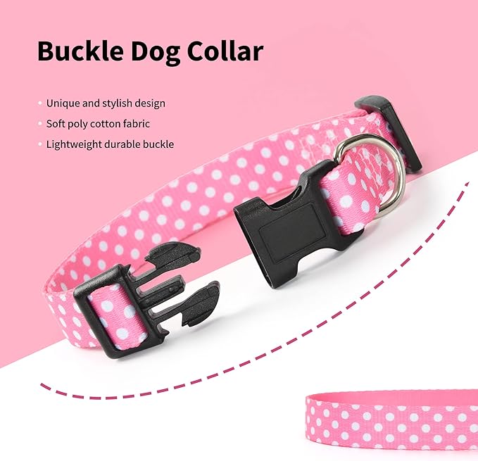 Mile High Life Dog Collar | Cute Puppy Collars | Lightweight Girl Dog Collar | Soft Boy Dog Collars | w Geometric Plaid Wave Line Pattern (Pink Dots, Small)