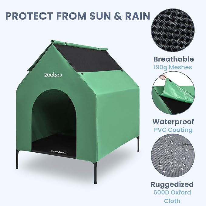 36" Large Dog House - Weatherproof PVC, Textilene Dog Bed - Easy Clean (Green)