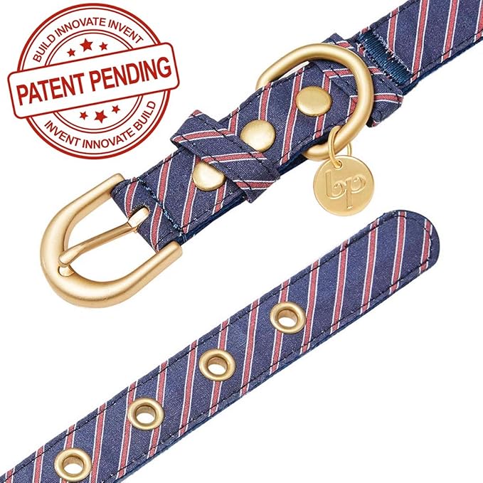 Blueberry Pet 2 Patterns Adjustable Dog Collar with Metal Buckle and 2 Detachable Bowtie - Blue Asymmetric Stripe, Neck 9-12.5", for Small Breed