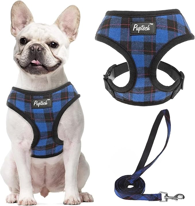 PUPTECK Soft Mesh Dog Harness and Leash Set Pet Puppy Cat Comfort Padded Vest No Pull Harnesses, Navy Blue, L