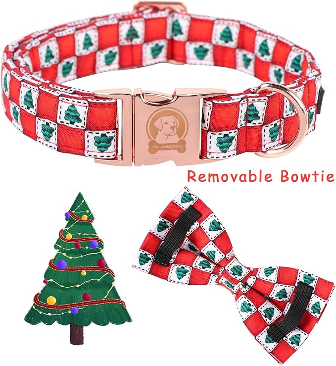 MR. CHUBBYFACE Christmas SquareTree Dog Collar with Bowtie, Cotton Boy Girl Dog Collars with Metal Buckle Cute Christmas Collars for Puppy Small Medium Large Dogs