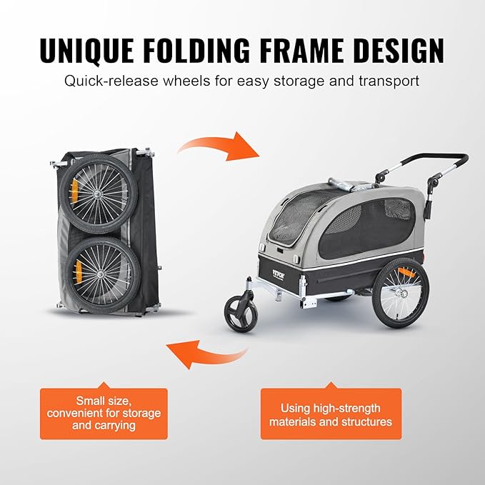 VEVOR Dog Bike Trailer, Supports up to 66/88/100 lbs, 2-in-1 Pet Stroller Cart Bicycle Carrier, Easy Folding Cart Frame with Quick Release Wheels, Universal Bicycle Coupler, Reflectors, Flag