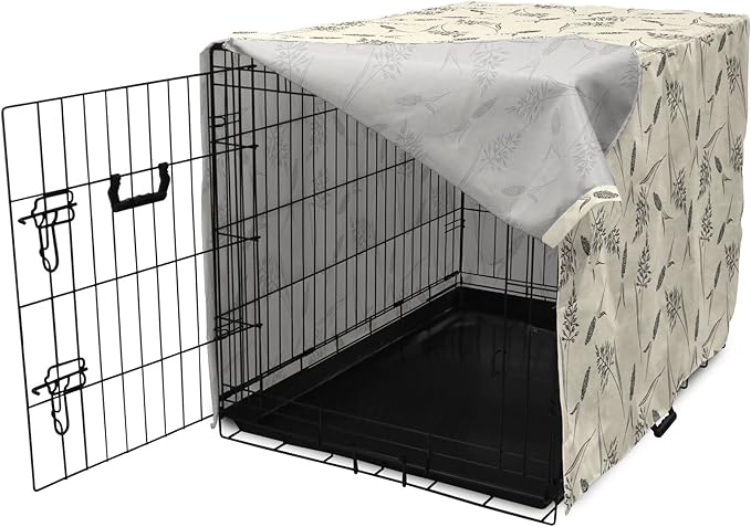 Ambesonne Boho Dog Crate Cover, Botanical Themed Delicate Pastel Pattern with Natural Field Herbs Print, Easy to Use Pet Kennel Cover for Cats & Medium Dogs, 24 Inch, Cream Charcoal