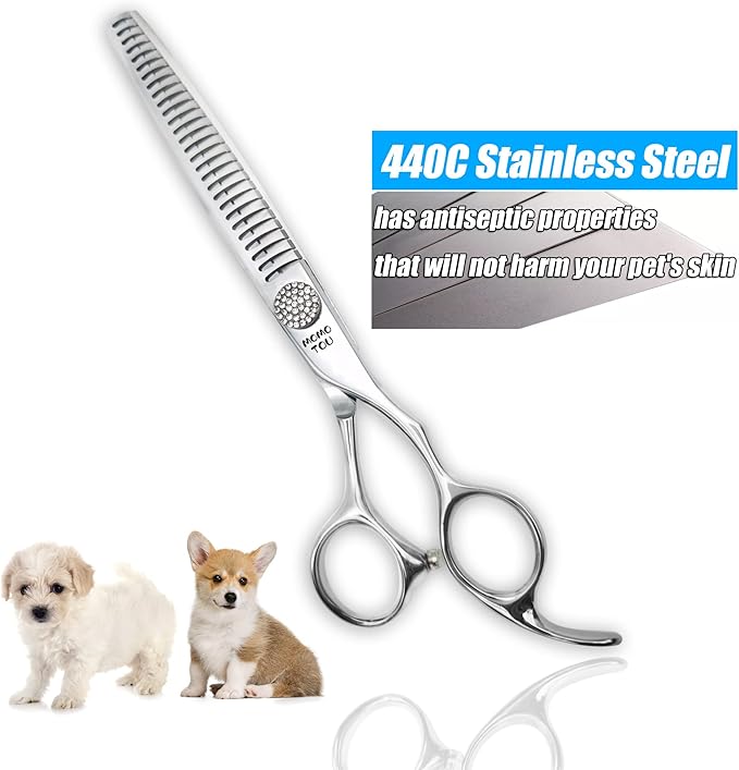 Polished Dog Grooming Scissors Set with Simulation Diamond 440C Stainless Steel Thinner Curved Straight Chunker Shears with Comb 7.5''