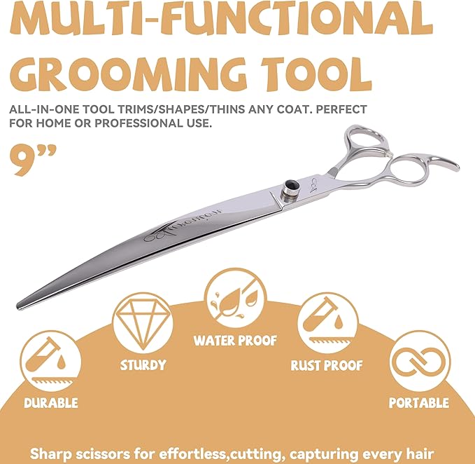 Professional metal 9 In Curved Grooming Scissors for Dogs and Cats,30-Degree Curves Shears for Hair Cutting with Pet at Home & Outdoor,Lightweight Stainless Steel Clippers for Dog Trimming Face,Paws