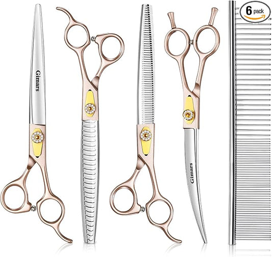Gimars 8 Inch Professional 440C Stainless Steel Dog Grooming Scissors Heavy Duty 6 In 1 - Straight, Thinning, Chunker, Curved Shears and Comb, Ergonomic Pet Grooming Scissor for Dogs, Cats
