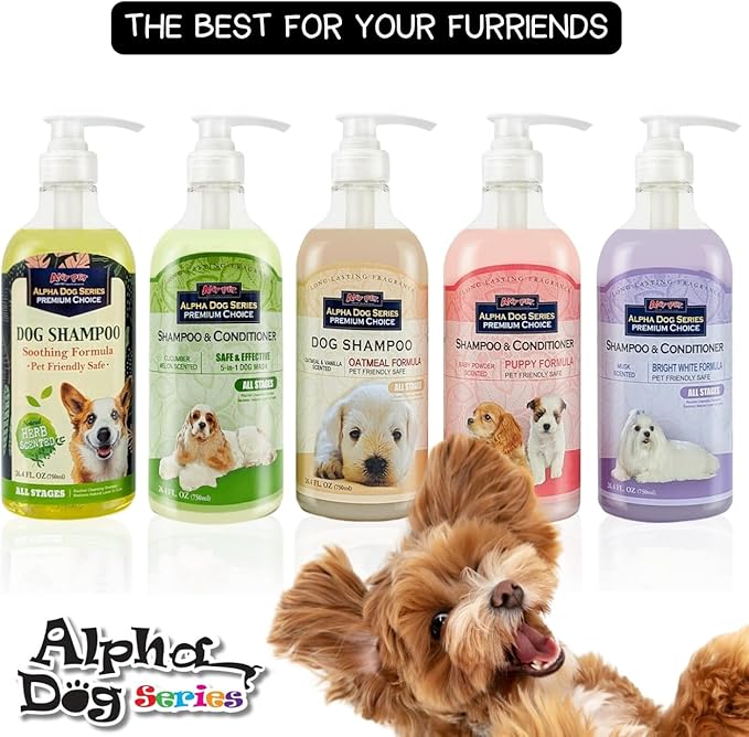 Alpha Dog Series Natural Puppy Shampoo and Conditioner Tear Free with Aloe Vera, pH-Balanced Shampoo for Puppies, Tearless Dog Shampoo and Conditioner, Puppy Wash Sensitive Skin 26.4 Oz (6 Pack)