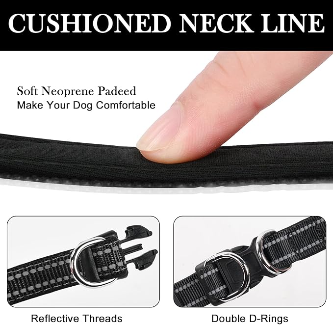 AUAUY Reflective Nylon Dog Collars, Adjustable Classic Pet Collars with Soft Neoprene Padding, Double Security Dual D-Ring and Quick Release Buckle for Small Puppy, Medium and Large Dogs (Black-S)