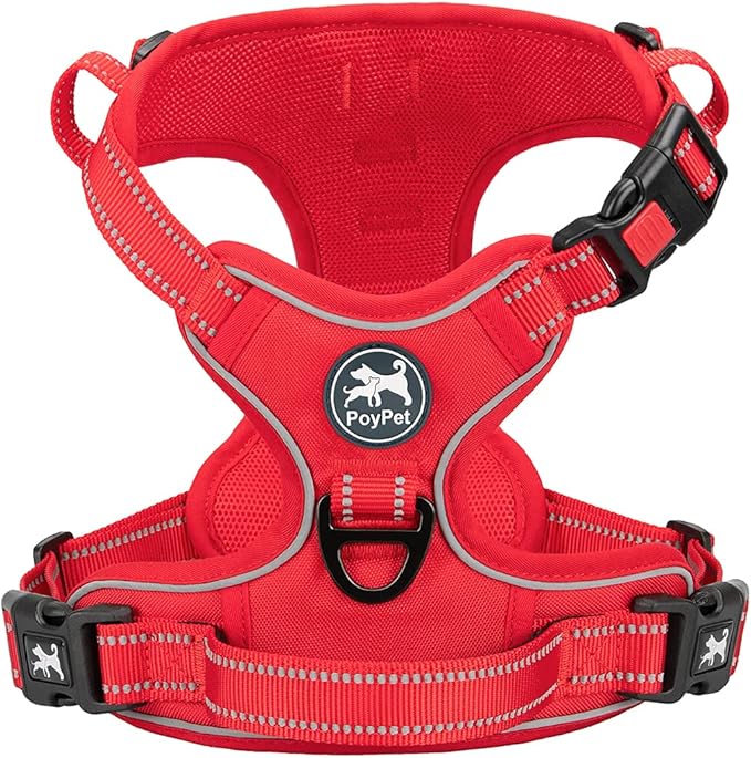 PoyPet No Pull Dog Harness, No Choke Reflective Dog Vest, Adjustable Pet Harnesses with Easy Control Padded Handle for Small Medium Large Dogs(Red Matching Trim,L)