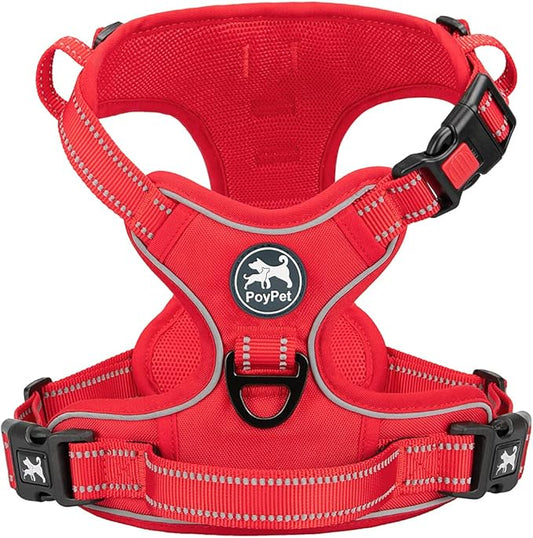 PoyPet No Pull Dog Harness, No Choke Reflective Dog Vest, Adjustable Pet Harnesses with Easy Control Padded Handle for Small Medium Large Dogs(Red Matching Trim,L)