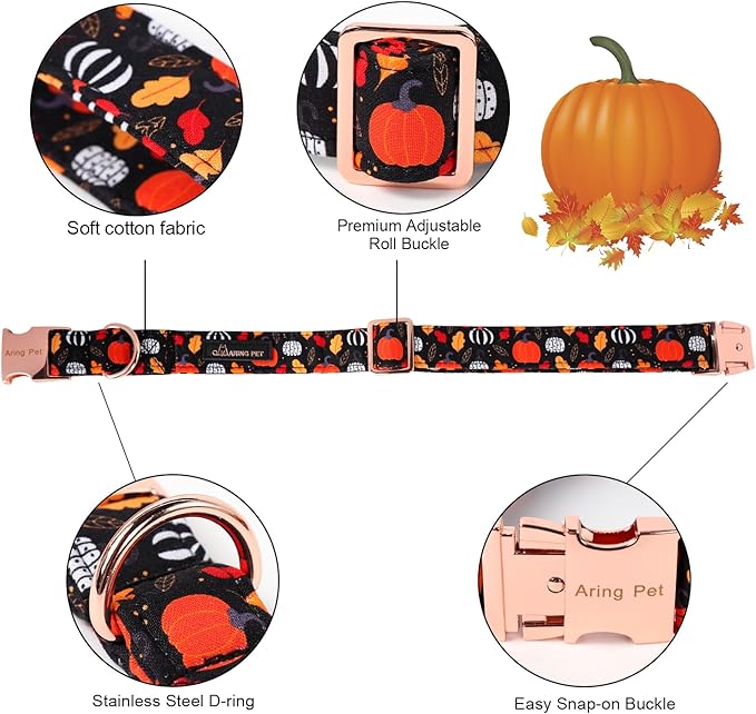 ARING PET Halloween Dog Collar-Cotton Black Pumpkin Dog Collar with Bow, Adjustable Fall Leaves Bowtie Dog Collars Pet Necklace with Metal Buckle for Girl&Boy Dogs