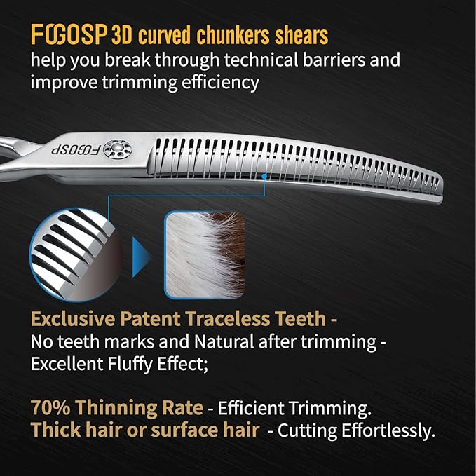 Professional 3D Curved Chunkers Dog Grooming Scissors 7'' Curved Thinning Shears for Dogs Pet 42 Teeth Japan VG10 Sharp and Durable