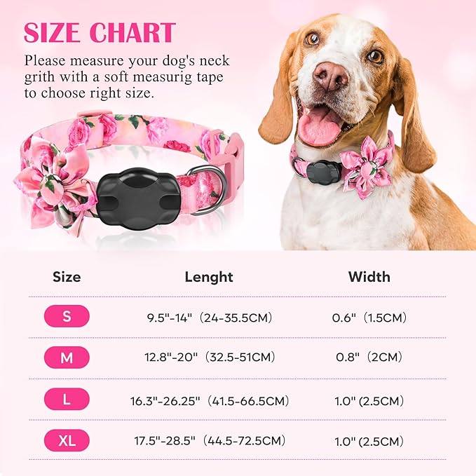Airtag Dog Collar for Medium Dogs, Rose-Pink Dog Collars Girl with AirTag Holder Waterproof Airtag Case, Including Flower Spring Dog Collar Bowtie, for All Female Dogs ﻿