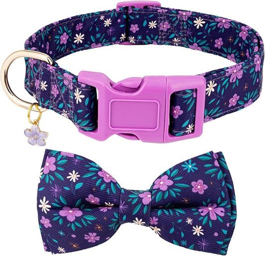 Fashionable Dog Collar with Bow Tie for Small Medium Large Dogs,Cute and Soft Puppy Collar for Male Female Dogs,Durable Cotton Dog Collar with Adjustable Buckle Butterfly Pattern (L, Purple Flower)