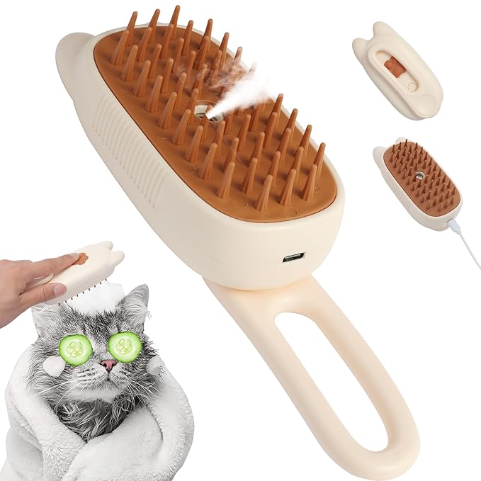 Cat Steam Brush, Steam Brush for Cats, Steamy Cat Brush with Water Tank, Upgraded 3 in 1 Multi-functional Cat Massage Brush for Shedding.(Off White)