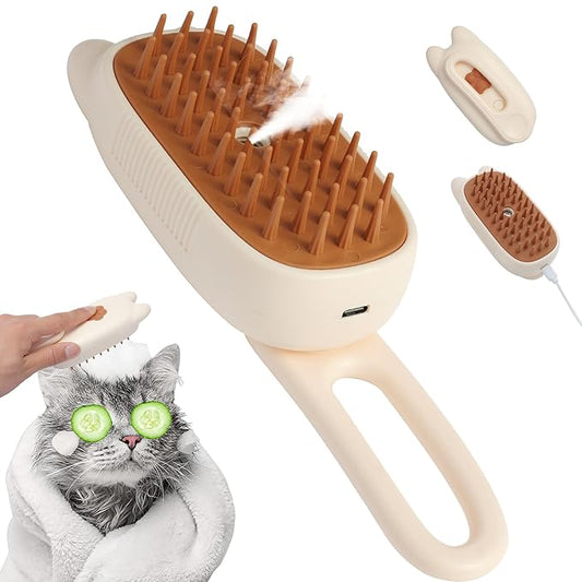 Cat Steam Brush, Steam Brush for Cats, Steamy Cat Brush with Water Tank, Upgraded 3 in 1 Multi-functional Cat Massage Brush for Shedding.(Off White)