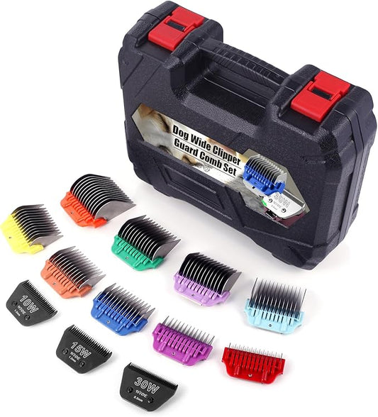 Black 10W/15W/30W Wide Clipper Blade & Dog Stainless Steel Wide Clipper Attachment Guard Comb Set for A5 Series | Snap-On/Off Design Combs,Only Fir for 10W/15W/30W Wide Blade (12-Piece)