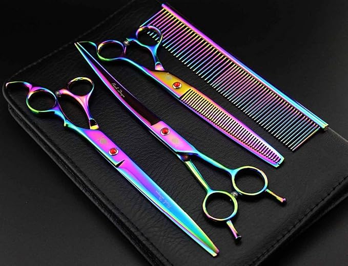Purple Dragon 8.0" Titanium Multicolor Professional Pet Grooming Scissors Set,Straight & Thinning & Curved Scissors Shear with Bag for Dog Cat Grooming