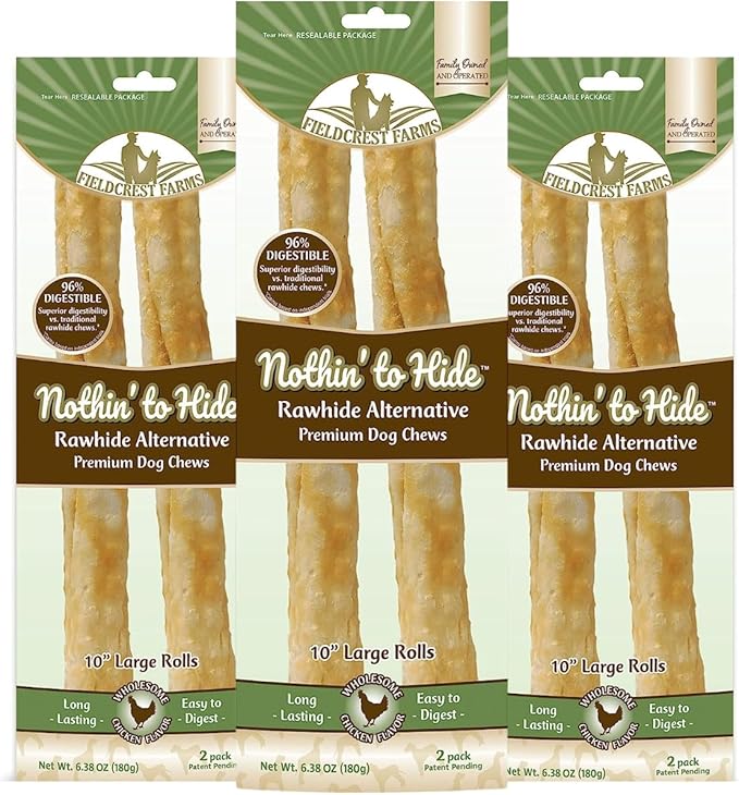 Fieldcrest Farms Nothing to Hide Natural Rawhide Alternative Large 10'' Rolls for Dogs - 3 Pack (6 Chews) Premium Grade Easily Digestible Chews - Great for Dental Health (Chicken)