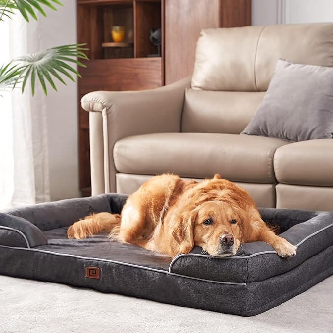 EHEYCIGA Orthopedic Dog Beds for Extra Large Dogs, Waterproof Memory Foam XL Dog Bed with Sides, Non-Slip Bottom and Egg-Crate Foam Big Dog Couch Bed with Washable Removable Cover, Dark Grey