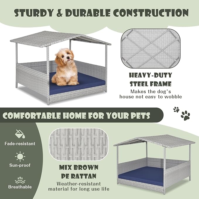 Giantex Wicker Dog House, Raised Rattan Dog Bed with Waterproof Roof, Washable Cushion Cover, Steel Frame, Indoor Outdoor Elevated Dog Bed Pet House for Small Medium Dogs Cats, Easy Assembly