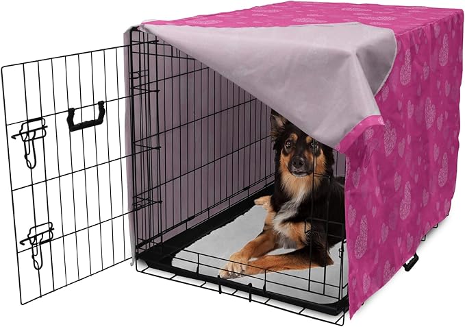 Lunarable Love Dog Crate Cover, Romantic Theme Abstract Heart Shapes Valentines Day 14th February Design, Easy to Use Pet Kennel Cover for Medium Large Dogs, 36 Inch, Hot Pink