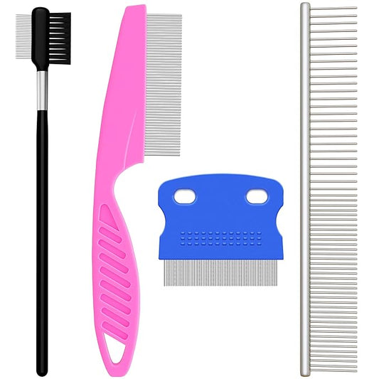 Dog Eye Combs, Dog Flea Combs, Tear Stain Remover Combs, Pet Grooming Comb Kit for Small Dogs Cats Puppies, Gently Removing Eye Mucus, Crust, Tangle and Knots, 4 Count