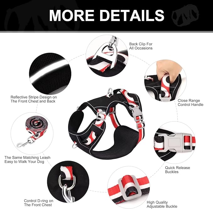 No Pull Dog Harness and Leash Set,Reflective Dog Harness with Easy Control Soft Handle,Adjustable and Comfortable for Easy Walking,Fit Small Medium Large Breed Dogs,Black,M