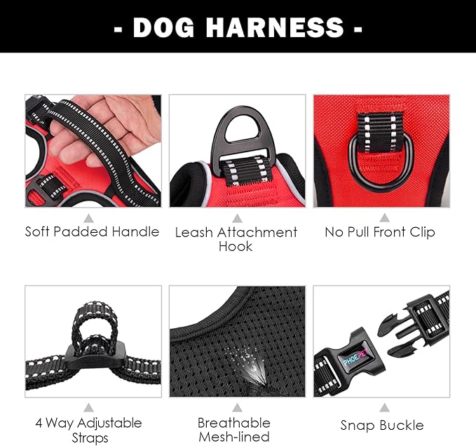 PHOEPET Reflective Dog Harness Large Breed Adjustable No Pull Vest with Handle 2 Metal Rings 3 Buckles [Easy to Put on & Take Off](XL, Red)