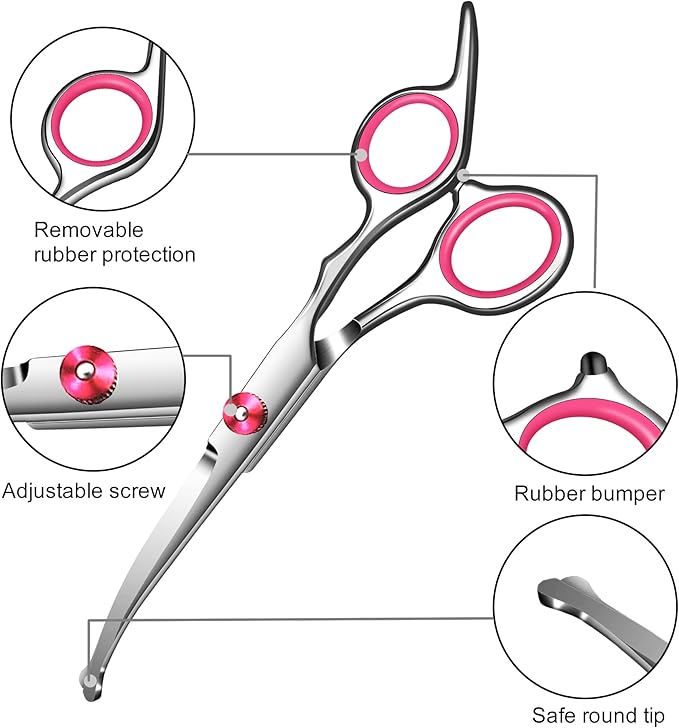 Pink Dog Grooming Scissors with Safety Round Tip,Pet Grooming scissors Kit,Dog Shears for Grooming,Incude Thinning,Curved Grooming Scissors and Comb for dogs, cats.Suitable for The Right Hand