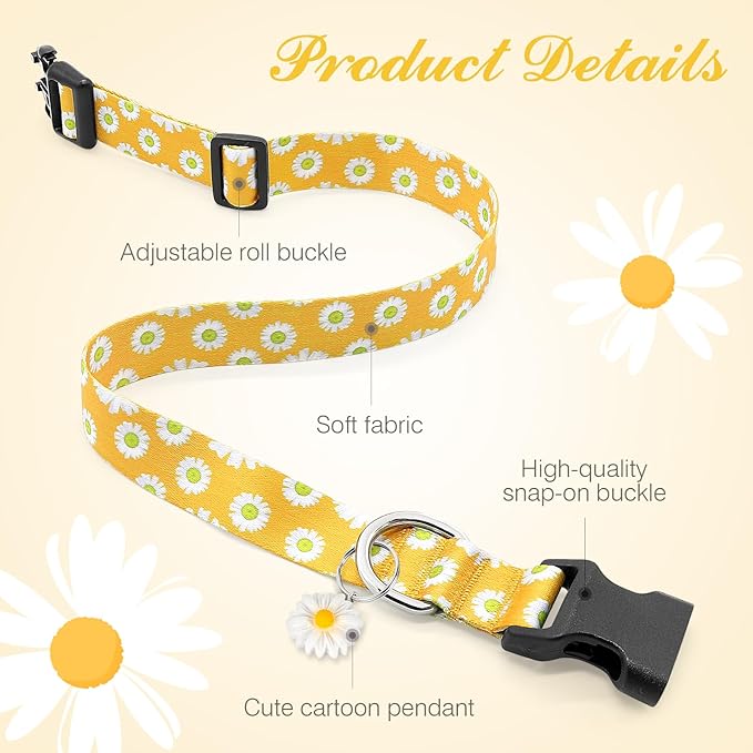 BiPawTi Floral Dog Collars for Medium Dog - Soft Cute Dog Collars for Girls Dog Pretty Flower Collar with Daisies Charms, Gift for Female Male Boys Girls Dogs (M, Yellow)