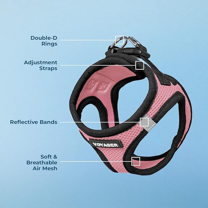Voyager Step-In Air Dog Harness - All Weather Mesh, Reflective, No Pull Harness for Small, Medium Dogs, Cats - Secure with Hook & Loop Fastener, Buckle, Double D-Rings - Pink/Black Trim, XXS