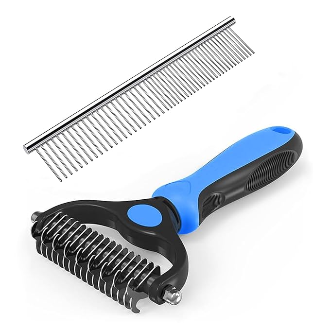 YINGFAN Pet Grooming Combo, Double-Sided Dematting Deshedding Undercoat Rake for Dogs and Cats, Dog Combs for Grooming Matting (Blue)