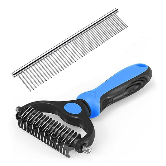 YINGFAN Pet Grooming Combo, Double-Sided Dematting Deshedding Undercoat Rake for Dogs and Cats, Dog Combs for Grooming Matting (Blue)