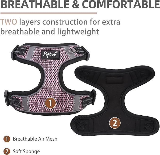 PUPTECK No Pull Dog Harness and Leash Set Reflective No Choke Step in Puppy Halter for XS Small and Medium Sized Dogs, LightPink, Breathable Mesh, S