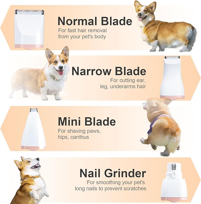 KIKETECH Quiet Dog Grooming Clippers - 4 in 1 Professional Dog Hair Clippers for Small Cats Dogs Pets, Rechargeable Cordless Pet Trimmer for Grooming, PinkRose